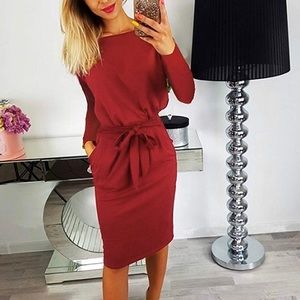 Women’s Casual Round Neck Long Sleeve Midi Dress